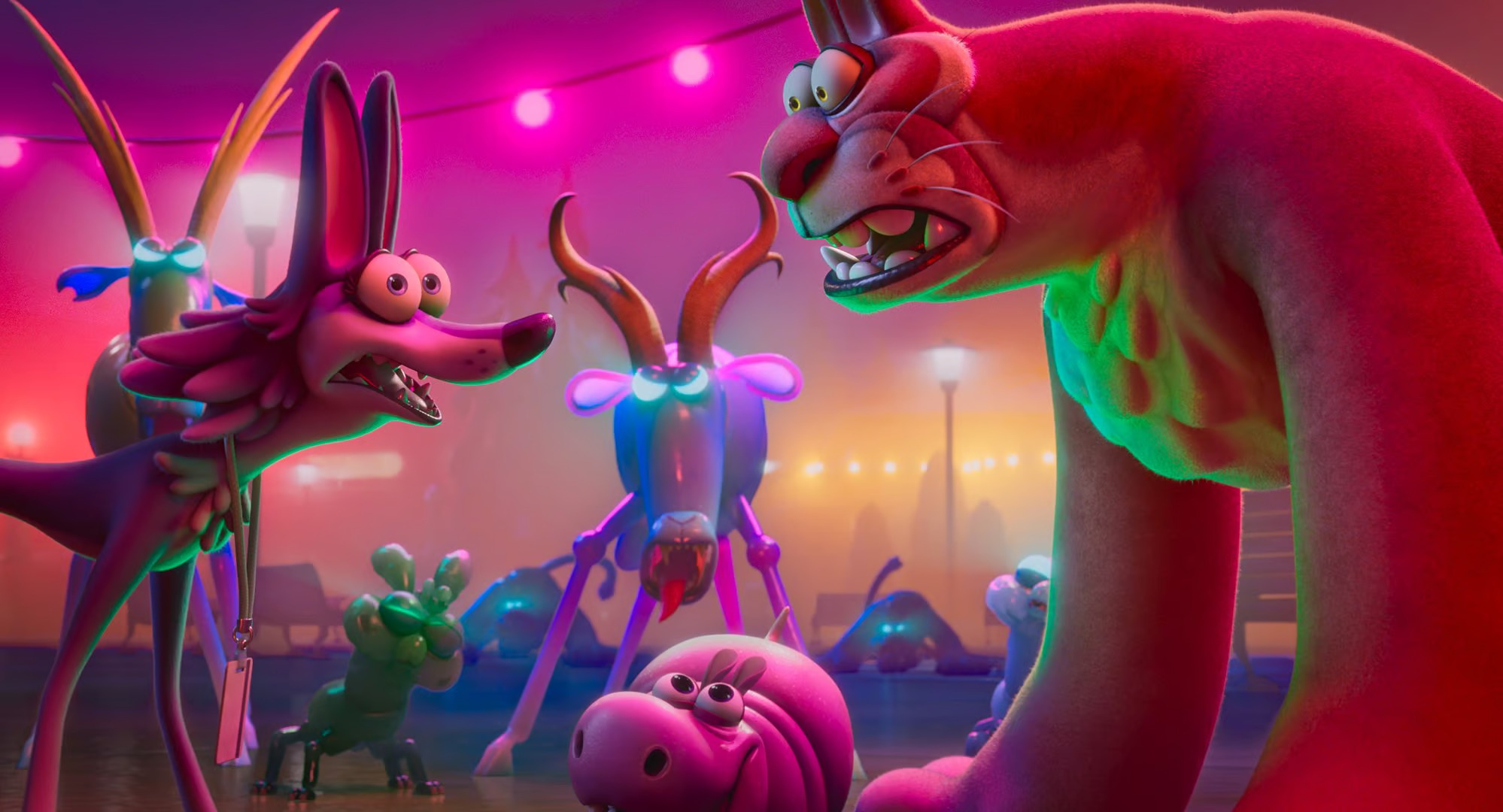 A group of colorful animals staring in fear in Night of the Zoopocalypse.