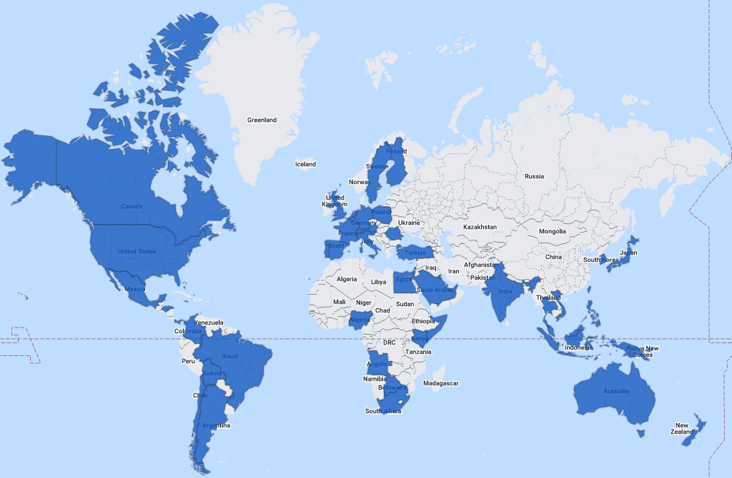 A world map showing the nations and other locations listed in the table immediately below