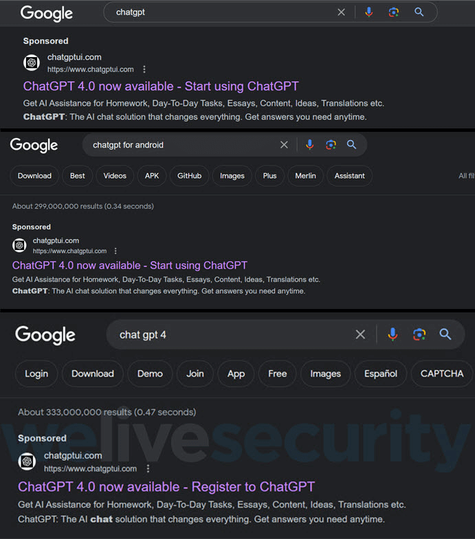 Figure 2. Fake ChatGPT sites appearing in ads