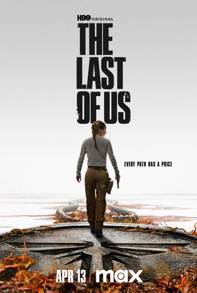 A Last of Us poster showing Abby walking on top of a large Firefly necklace with the text "Every Path Has A Price" next to her.