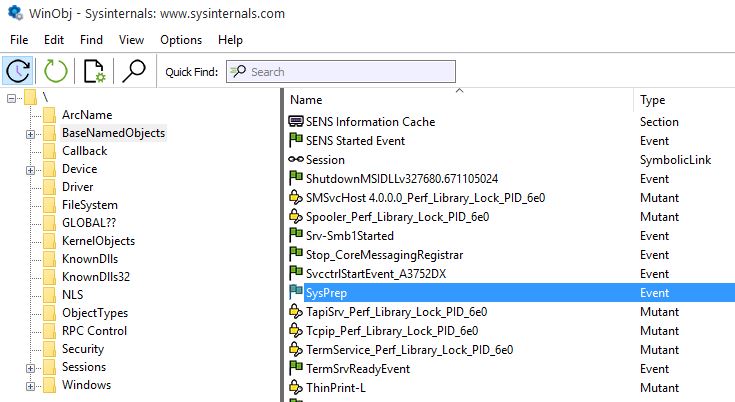 Figure 4. Sysinternals’ WinObj showing the SysPrep event object on a compromised system Figure 4. Sysinternals’ WinObj showing the SysPrep event object on a compromised system