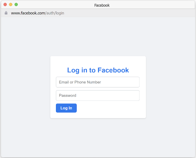 A browser window showing what appears to be a legitimate log-in screen for Facebook