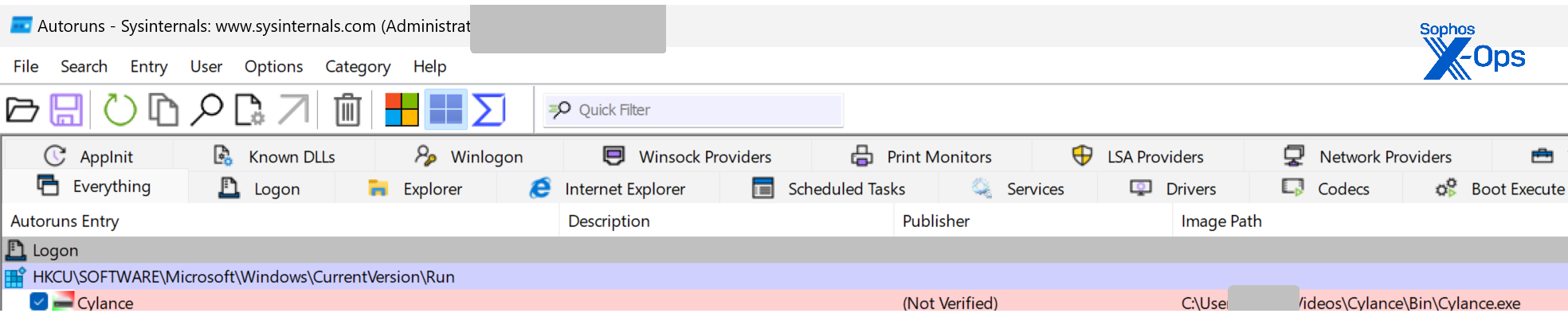 A screen capture showing the autorun entry for the malware as described in text