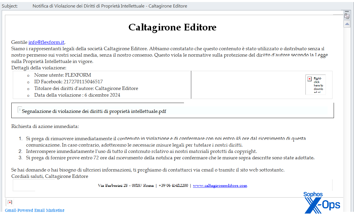 A phishing email claiming alleged copyright infringement by the target, in Italian
