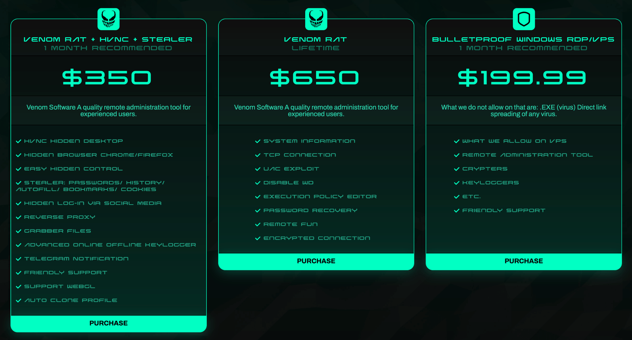 VenomRAT packages on the dark web